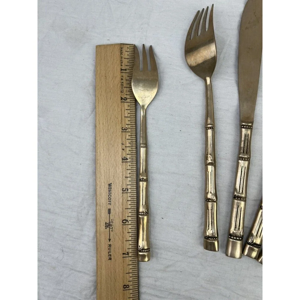 Vtg MCM Nickel Bronze Faux Bamboo Flatware 5 PCs Set Server 1 Retro‎ Decor